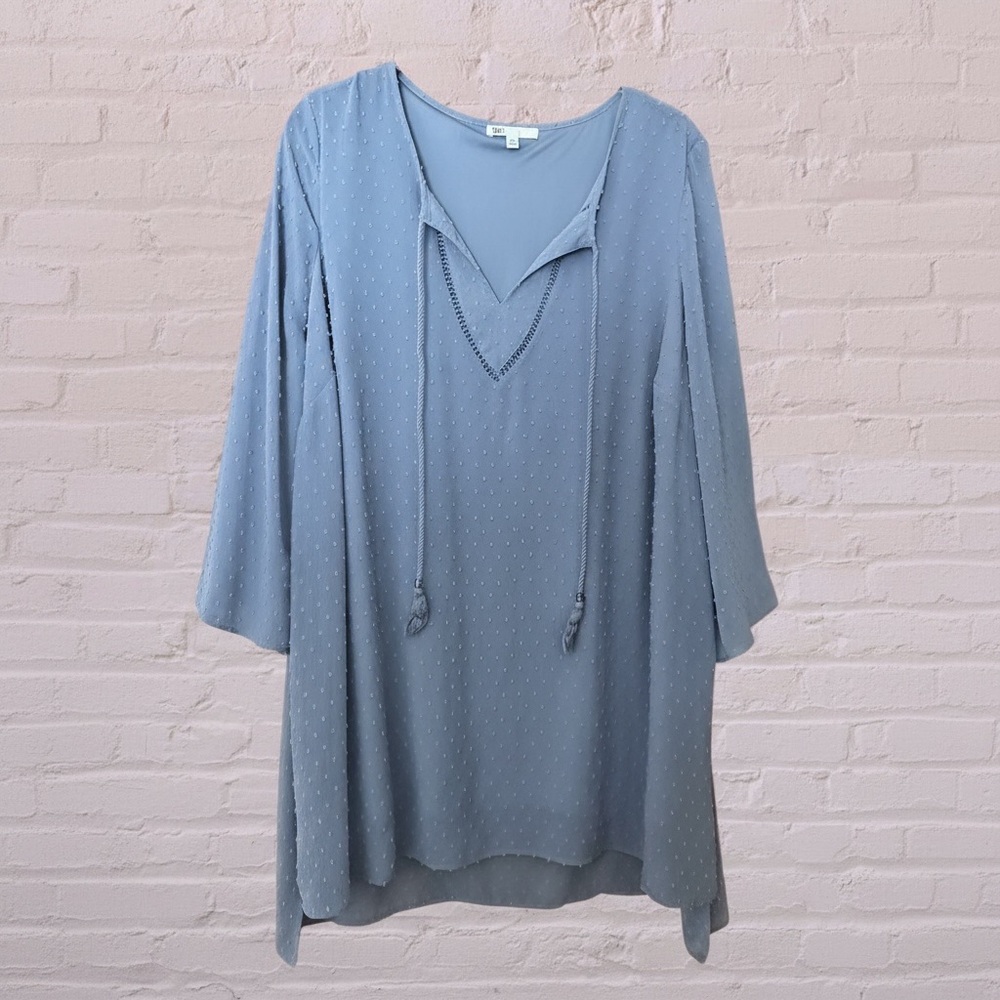 DR2 Muted Blue Swiss Dot V-Neck Tie Tunic
